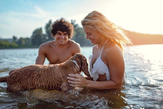 A young happy couple is sitting in the water on the river beach and petting their dog. 