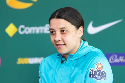MELBOURNE, AUSTRALIA - JULY 03: Matilda Sam Kerr at the official opening of the Australian Matildas training facility and FIFA 2023 Women's World Cup squad announcement at La Trobe University on July 03, 2023 in Melbourne, Australia.