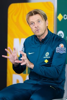 MELBOURNE, AUSTRALIA - JULY 03: Matilda's coach Tony Gustavsson at the official opening of the Australian Matildas training facility and FIFA 2023 Women's World Cup squad announcement at La Trobe University on July 03, 2023 in Melbourne, Australia.