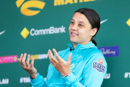 MELBOURNE, AUSTRALIA - JULY 03: Matilda Sam Kerr at the official opening of the Australian Matildas training facility and FIFA 2023 Women's World Cup squad announcement at La Trobe University on July 03, 2023 in Melbourne, Australia.
