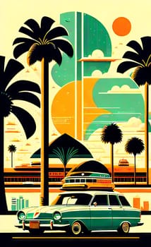 Art drawing - a city with cars and palm trees. Poster in retro style, with retro cars. Landscape of the city of Miami in a hand-drawn style. AI generation