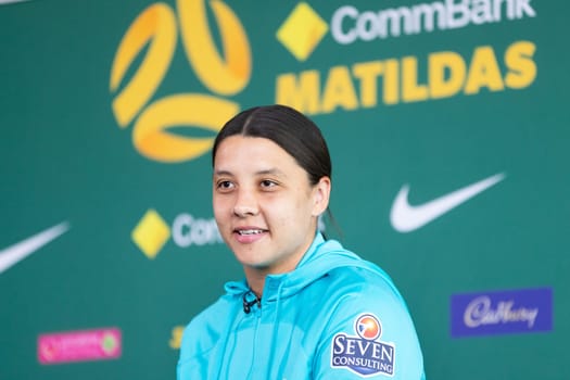 MELBOURNE, AUSTRALIA - JULY 03: Matilda Sam Kerr at the official opening of the Australian Matildas training facility and FIFA 2023 Women's World Cup squad announcement at La Trobe University on July 03, 2023 in Melbourne, Australia.