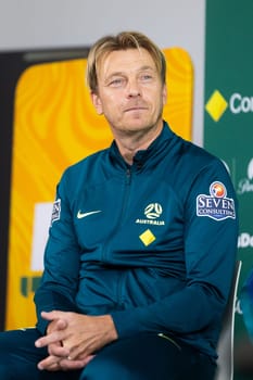 MELBOURNE, AUSTRALIA - JULY 03: Matilda's coach Tony Gustavsson at the official opening of the Australian Matildas training facility and FIFA 2023 Women's World Cup squad announcement at La Trobe University on July 03, 2023 in Melbourne, Australia.