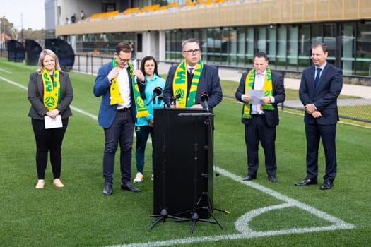 MELBOURNE, AUSTRALIA - JULY 03: La Trobe University Vice-Chancellor, Professor John Dewar AO at the official opening of the Australian Matildas training facility and FIFA 2023 Women's World Cup squad announcement at La Trobe University on July 03, 2023 in Melbourne, Australia.