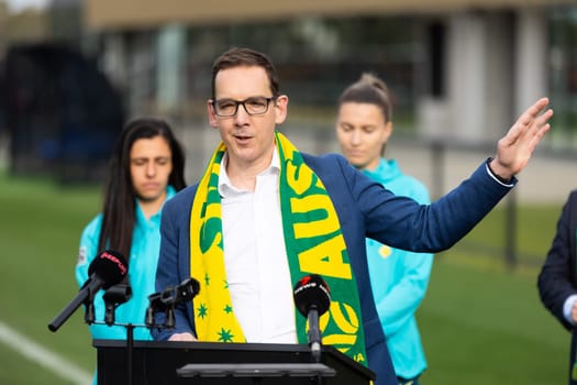 MELBOURNE, AUSTRALIA - JULY 03: Victorian Sports Minister Steve Dimopoulous at the official opening of the Australian Matildas training facility and FIFA 2023 Women's World Cup squad announcement at La Trobe University on July 03, 2023 in Melbourne, Australia.
