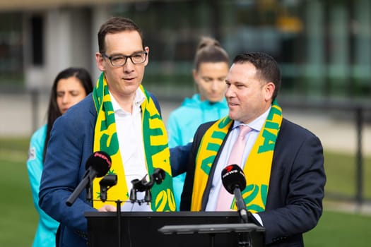 MELBOURNE, AUSTRALIA - JULY 03: Victorian Sports Minister Steve Dimopoulous and Football Australia CEO James Johnson at the official opening of the Australian Matildas training facility and FIFA 2023 Women's World Cup squad announcement at La Trobe University on July 03, 2023 in Melbourne, Australia.