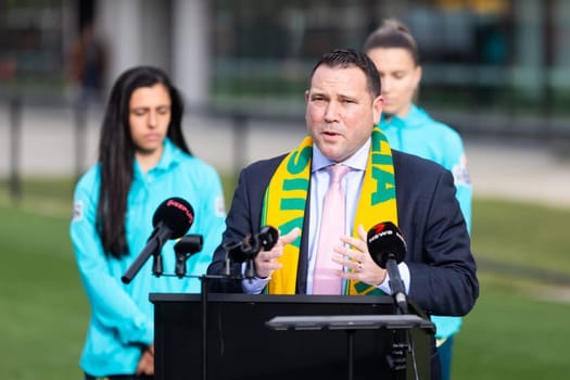 MELBOURNE, AUSTRALIA - JULY 03: James Johnson, CEO of Football Australia at the official opening of the Australian Matildas training facility and FIFA 2023 Women's World Cup squad announcement at La Trobe University on July 03, 2023 in Melbourne, Australia.