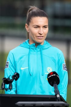 MELBOURNE, AUSTRALIA - JULY 03: Matilda Steph Catley at the official opening of the Australian Matildas training facility and FIFA 2023 Women's World Cup squad announcement at La Trobe University on July 03, 2023 in Melbourne, Australia.