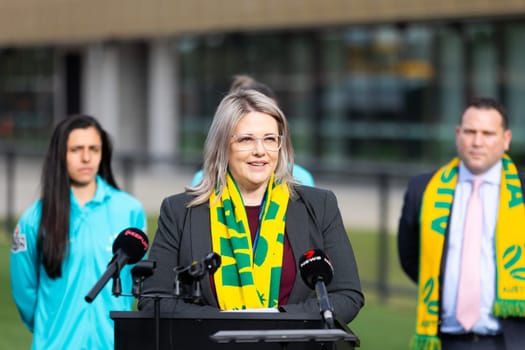 MELBOURNE, AUSTRALIA - JULY 03: Mandy McCarter at the official opening of the Australian Matildas training facility and FIFA 2023 Women's World Cup squad announcement at La Trobe University on July 03, 2023 in Melbourne, Australia.