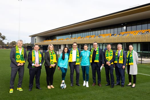 MELBOURNE, AUSTRALIA - JULY 03: Matildas Alex Chidiac, Steph Catley with Sports Minister Steve Dimopoulous and special guests at the official opening of the Australian Matildas training facility and FIFA 2023 Women's World Cup squad announcement at La Trobe University on July 03, 2023 in Melbourne, Australia.