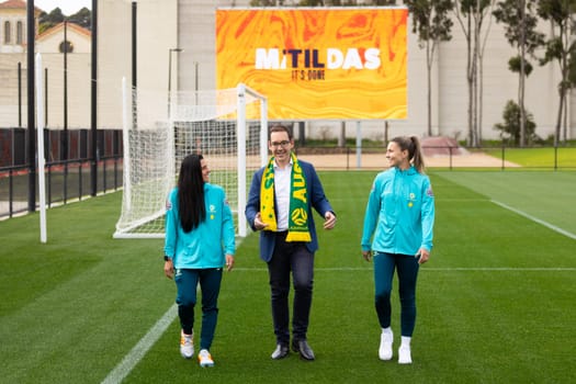 MELBOURNE, AUSTRALIA - JULY 03: Matildas Alex Chidiac, Steph Catley with Sports Minister Steve Dimopoulous at the official opening of the Australian Matildas training facility and FIFA 2023 Women's World Cup squad announcement at La Trobe University on July 03, 2023 in Melbourne, Australia.