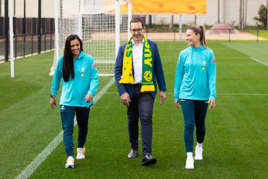 MELBOURNE, AUSTRALIA - JULY 03: Matildas Alex Chidiac, Steph Catley with Sports Minister Steve Dimopoulous at the official opening of the Australian Matildas training facility and FIFA 2023 Women's World Cup squad announcement at La Trobe University on July 03, 2023 in Melbourne, Australia.
