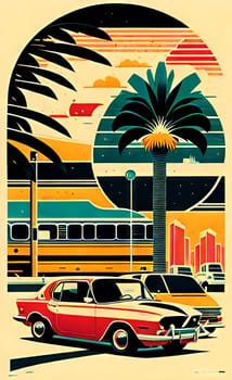 Art drawing - a city with cars and palm trees. Poster in retro style, with retro cars. Landscape of the city of Miami in a hand-drawn style. AI generation