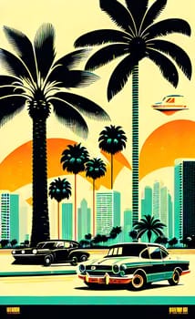 Art drawing - a city with cars and palm trees. Poster in retro style, with retro cars. Landscape of the city of Miami in a hand-drawn style. AI generation