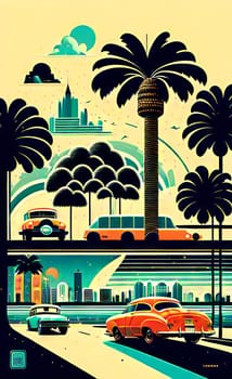 Art drawing - a city with cars and palm trees. Poster in retro style, with retro cars. Landscape of the city of Miami in a hand-drawn style. AI generation