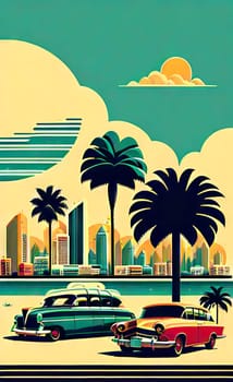 Art drawing - a city with cars and palm trees. Poster in retro style, with retro cars. Landscape of the city of Miami in a hand-drawn style. AI generation