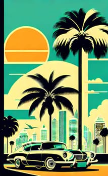 Art drawing - a city with cars and palm trees. Poster in retro style, with retro cars. Landscape of the city of Miami in a hand-drawn style. AI generation