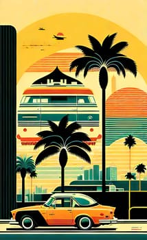 Art drawing - a city with cars and palm trees. Poster in retro style, with retro cars. Landscape of the city of Miami in a hand-drawn style. AI generation