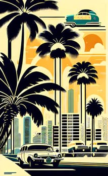 Art drawing - a city with cars and palm trees. Poster in retro style, with retro cars. Landscape of the city of Miami in a hand-drawn style. AI generation