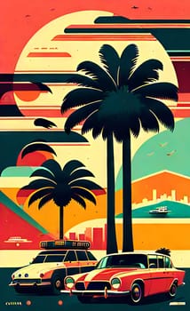 Art drawing - a city with cars and palm trees. Poster in retro style, with retro cars. Landscape of the city of Miami in a hand-drawn style. AI generation