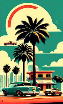 Art drawing - a city with cars and palm trees. Poster in retro style, with retro cars. Landscape of the city of Miami in a hand-drawn style. AI generation