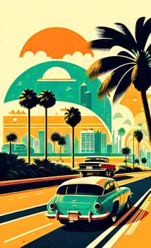 Art drawing - a city with cars and palm trees. Poster in retro style, with retro cars. Landscape of the city of Miami in a hand-drawn style. AI generation