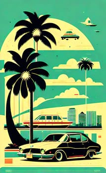 Art drawing - a city with cars and palm trees. Poster in retro style, with retro cars. Landscape of the city of Miami in a hand-drawn style. AI generation