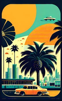 Art drawing - a city with cars and palm trees. Poster in retro style, with retro cars. Landscape of the city of Miami in a hand-drawn style. AI generation