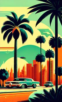 Art drawing - a city with cars and palm trees. Poster in retro style, with retro cars. Landscape of the city of Miami in a hand-drawn style. AI generation