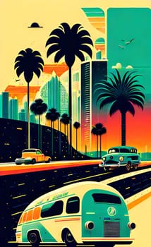 Art drawing - a city with cars and palm trees. Poster in retro style, with retro cars. Landscape of the city of Miami in a hand-drawn style. AI generation