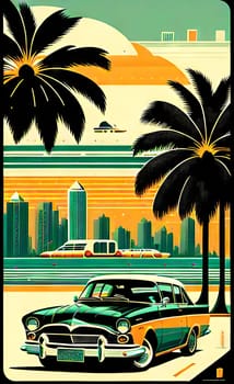 Art drawing - a city with cars and palm trees. Poster in retro style, with retro cars. Landscape of the city of Miami in a hand-drawn style. AI generation