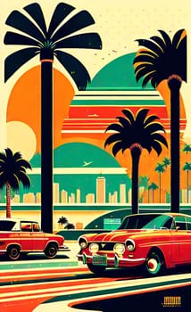 Art drawing - a city with cars and palm trees. Poster in retro style, with retro cars. Landscape of the city of Miami in a hand-drawn style. AI generation