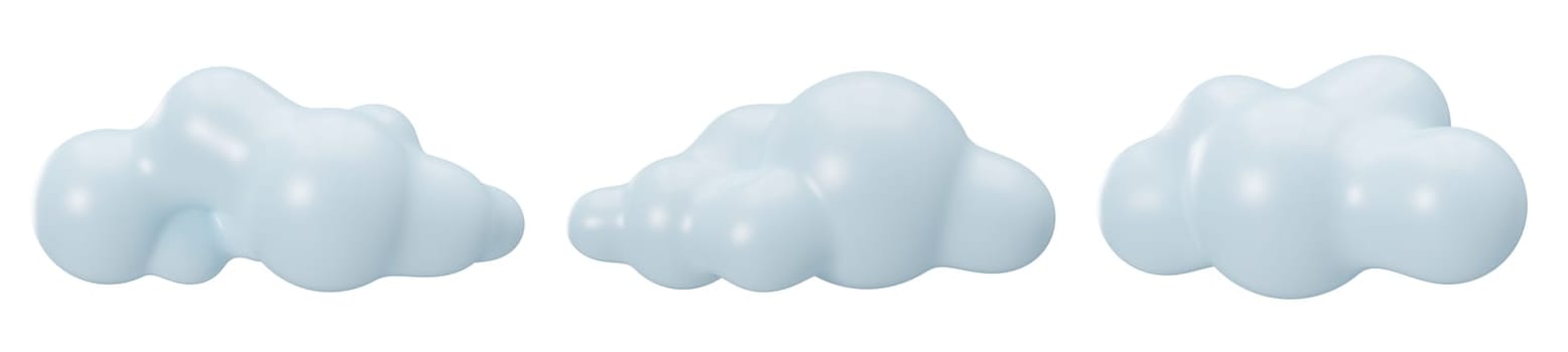 Light blue 3D clouds isolated on white background. Cut out design elements. Cute round cloud. 3D render