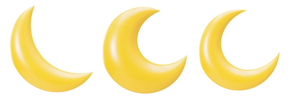 Yellow 3D moons group isolated on white background. Cut out design elements. Cute cartoon style moon. 3D render