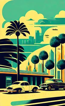 Art drawing - a city with cars and palm trees. Poster in retro style, with retro cars. Landscape of the city of Miami in a hand-drawn style. AI generation