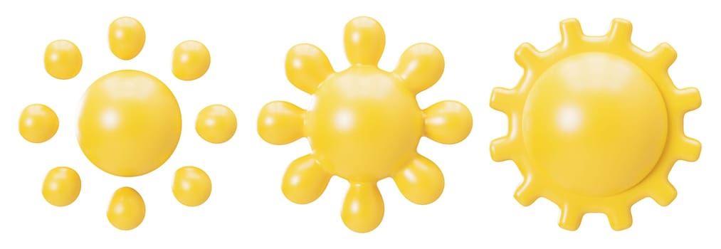 Yellow 3D suns group isolated on white background. Cut out design elements. Cute cartoon style sun. 3D render