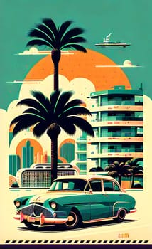 Art drawing - a city with cars and palm trees. Poster in retro style, with retro cars. Landscape of the city of Miami in a hand-drawn style. AI generation