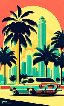 Art drawing - a city with cars and palm trees. Poster in retro style, with retro cars. Landscape of the city of Miami in a hand-drawn style. AI generation