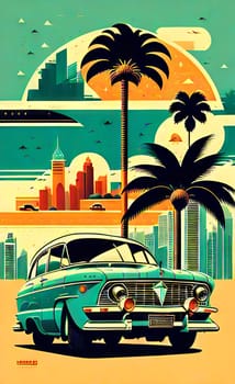 Art drawing - a city with cars and palm trees. Poster in retro style, with retro cars. Landscape of the city of Miami in a hand-drawn style. AI generation