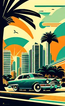 Art drawing - a city with cars and palm trees. Poster in retro style, with retro cars. Landscape of the city of Miami in a hand-drawn style. AI generation