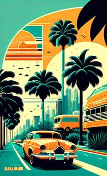 Art drawing - a city with cars and palm trees. Poster in retro style, with retro cars. Landscape of the city of Miami in a hand-drawn style. AI generation