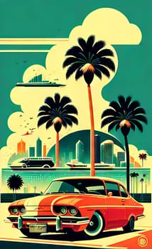 Art drawing - a city with cars and palm trees. Poster in retro style, with retro cars. Landscape of the city of Miami in a hand-drawn style. AI generation