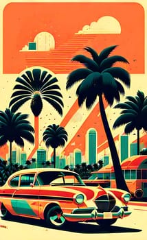 Art drawing - a city with cars and palm trees. Poster in retro style, with retro cars. Landscape of the city of Miami in a hand-drawn style. AI generation