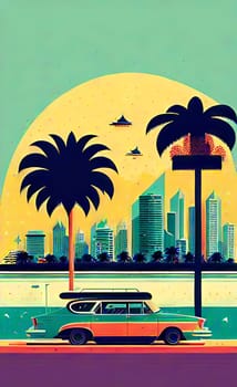 Art drawing - a city with cars and palm trees. Poster in retro style, with retro cars. Landscape of the city of Miami in a hand-drawn style. AI generation