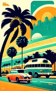 Art drawing - a city with cars and palm trees. Poster in retro style, with retro cars. Landscape of the city of Miami in a hand-drawn style. AI generation