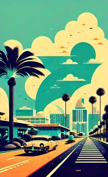 Art drawing - a city with cars and palm trees. Poster in retro style, with retro cars. Landscape of the city of Miami in a hand-drawn style. AI generation