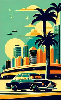 Art drawing - a city with cars and palm trees. Poster in retro style, with retro cars. Landscape of the city of Miami in a hand-drawn style. AI generation