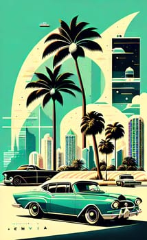 Art drawing - a city with cars and palm trees. Poster in retro style, with retro cars. Landscape of the city of Miami in a hand-drawn style. AI generation