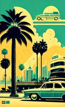 Art drawing - a city with cars and palm trees. Poster in retro style, with retro cars. Landscape of the city of Miami in a hand-drawn style. AI generation