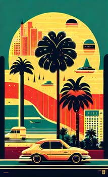 Art drawing - a city with cars and palm trees. Poster in retro style, with retro cars. Landscape of the city of Miami in a hand-drawn style. AI generation